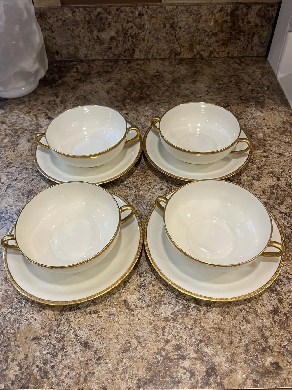Black Knight Cream and Gold Trimmed Double-Handled Soup Cups with Saucers